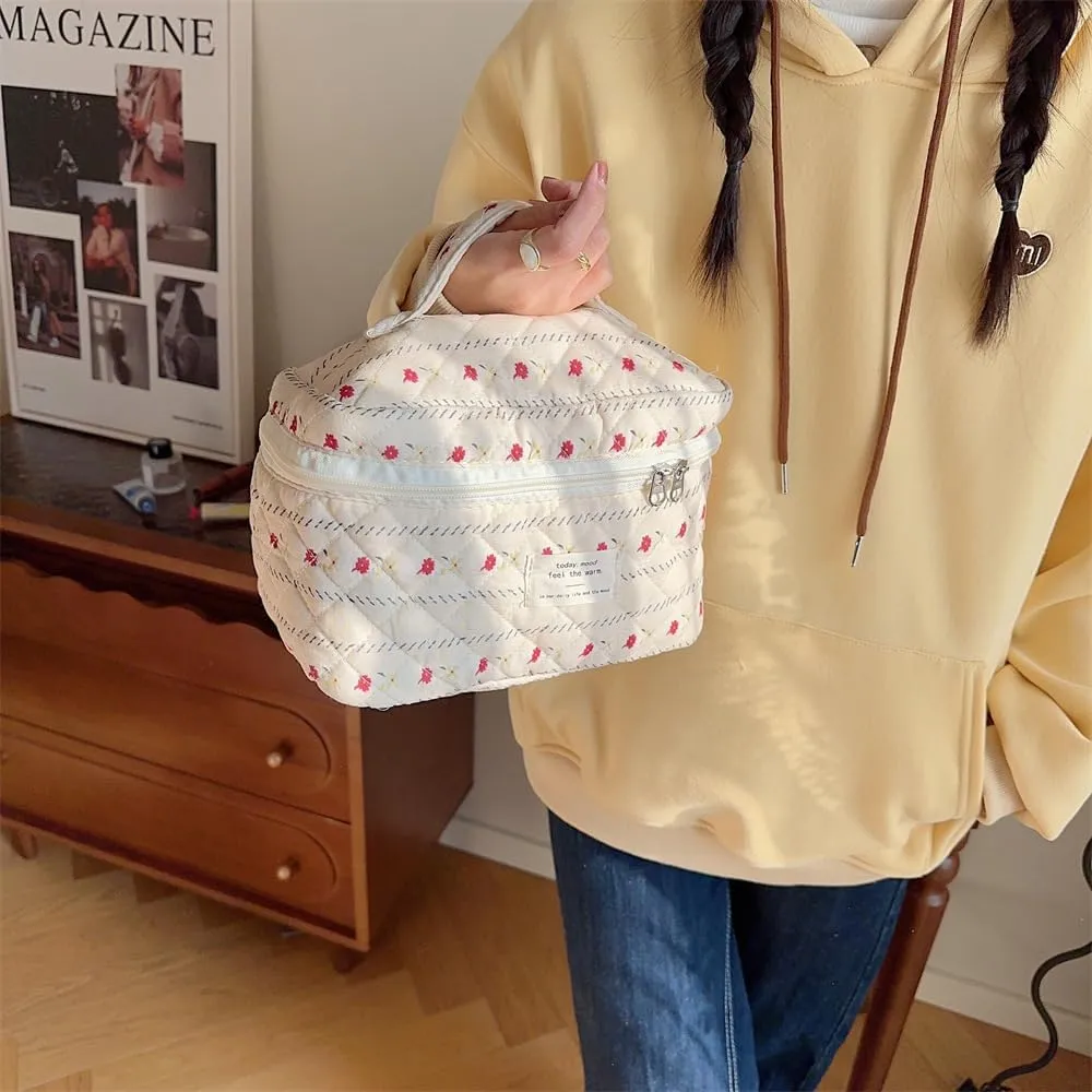 Cute Makeup Bag Cotton Quilted Toiletry Bag Floral Aesthetic Cosmetic Bag Kawaii Puffy Coquette Travel Organizer Pouch Purse for Women (Creamy Strip Flower)