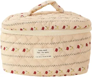 Cute Makeup Bag Cotton Quilted Toiletry Bag Floral Aesthetic Cosmetic Bag Kawaii Puffy Coquette Travel Organizer Pouch Purse for Women (Creamy Strip Flower)