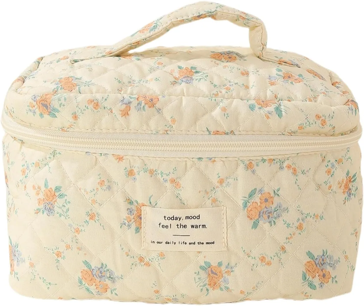 Cute Makeup Bag Cotton Quilted Toiletry Bag Floral Aesthetic Cosmetic Bag Kawaii Puffy Coquette Travel Organizer Pouch Purse for Women (Orange Floral)