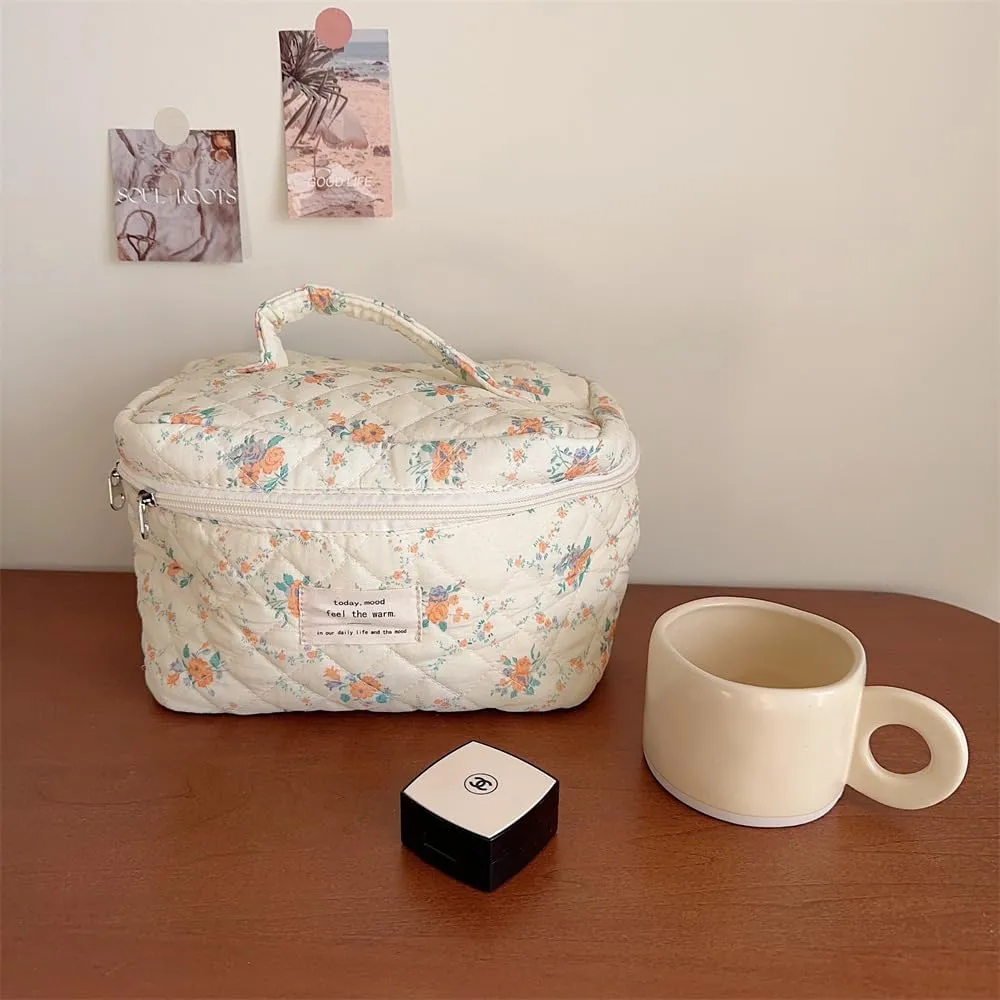 Cute Makeup Bag Cotton Quilted Toiletry Bag Floral Aesthetic Cosmetic Bag Kawaii Puffy Coquette Travel Organizer Pouch Purse for Women (Orange Floral)