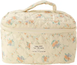 Cute Makeup Bag Cotton Quilted Toiletry Bag Floral Aesthetic Cosmetic Bag Kawaii Puffy Coquette Travel Organizer Pouch Purse for Women (Orange Floral)