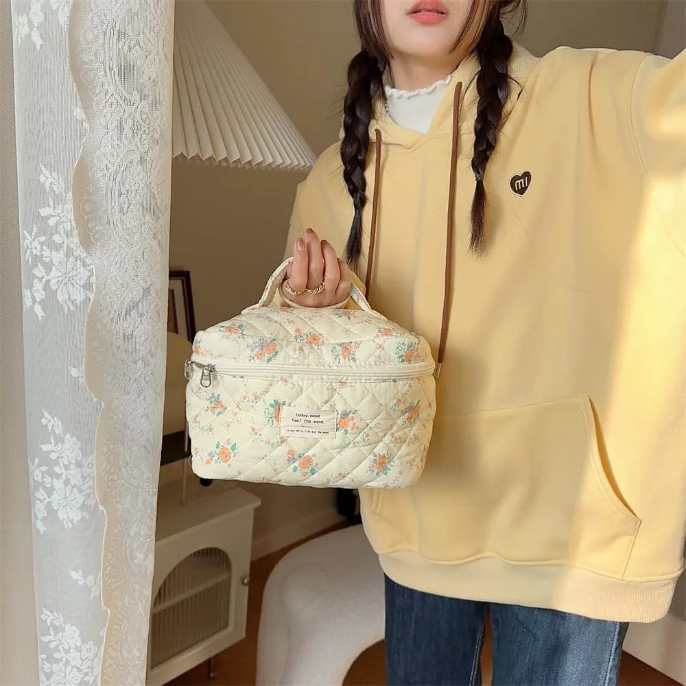 Cute Makeup Bag Cotton Quilted Toiletry Bag Floral Aesthetic Cosmetic Bag Kawaii Puffy Coquette Travel Organizer Pouch Purse for Women (Orange Floral)