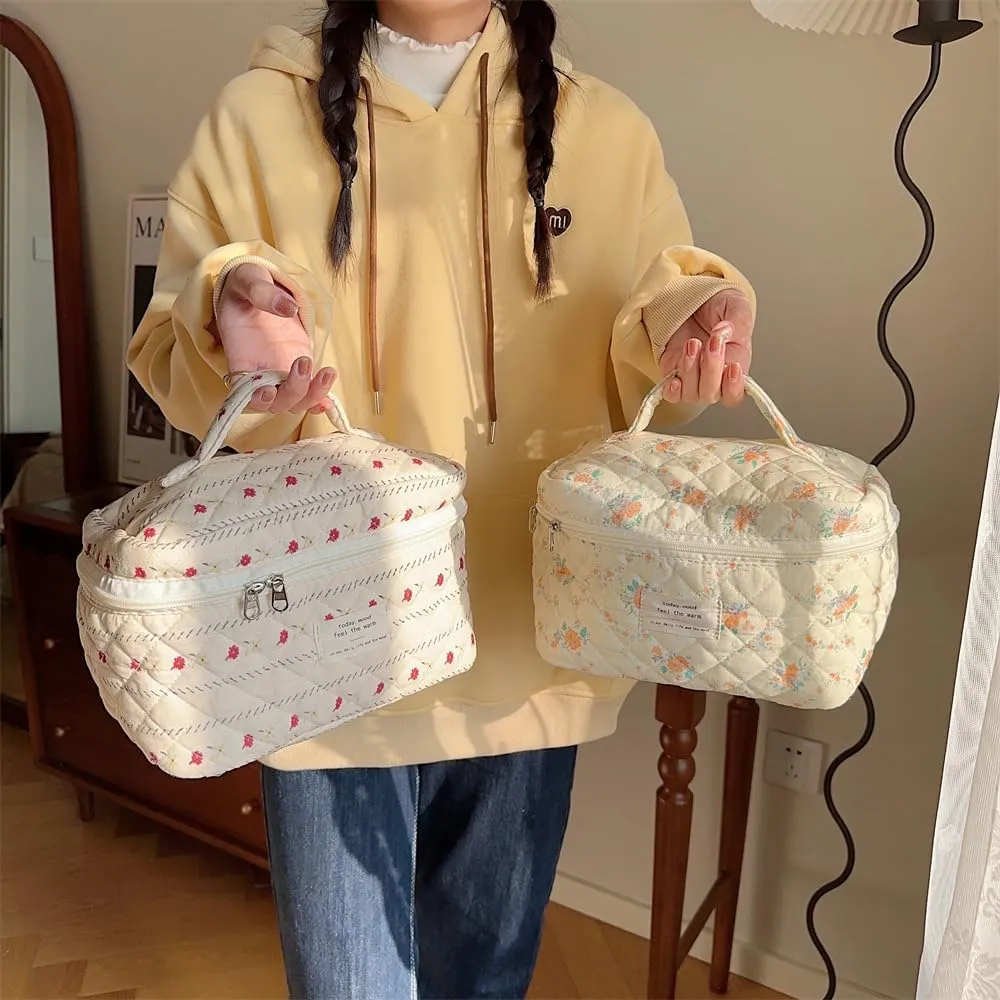 Cute Makeup Bag Cotton Quilted Toiletry Bag Floral Aesthetic Cosmetic Bag Kawaii Puffy Coquette Travel Organizer Pouch Purse for Women (Orange Floral)