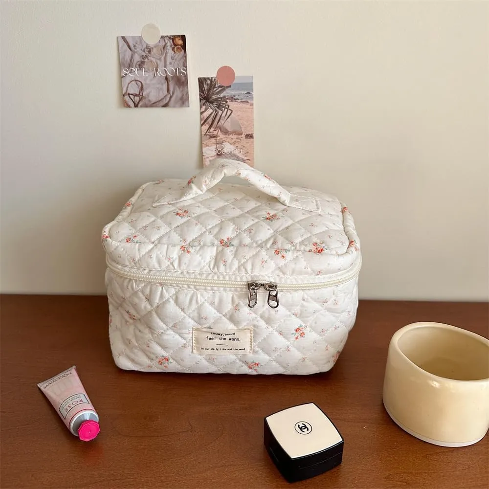 Cute Makeup Bag Cotton Quilted Toiletry Bag Floral Aesthetic Cosmetic Bag Kawaii Puffy Coquette Travel Organizer Pouch Purse for Women (White Flower)
