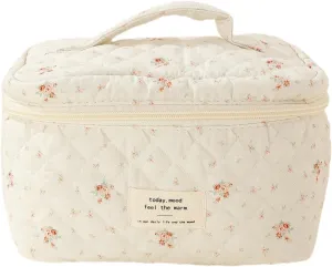 Cute Makeup Bag Cotton Quilted Toiletry Bag Floral Aesthetic Cosmetic Bag Kawaii Puffy Coquette Travel Organizer Pouch Purse for Women (White Flower)