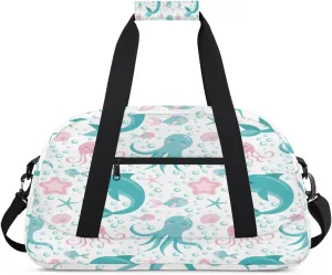 Cute Octopuses Dolphin Jellyfish Shell Fish Starfish Kids Overnighted Duffel Bag Carry-On Size & Ideal for School Practice or Weekender Travel with Zip and Shoulder Stra for Boys & Girls