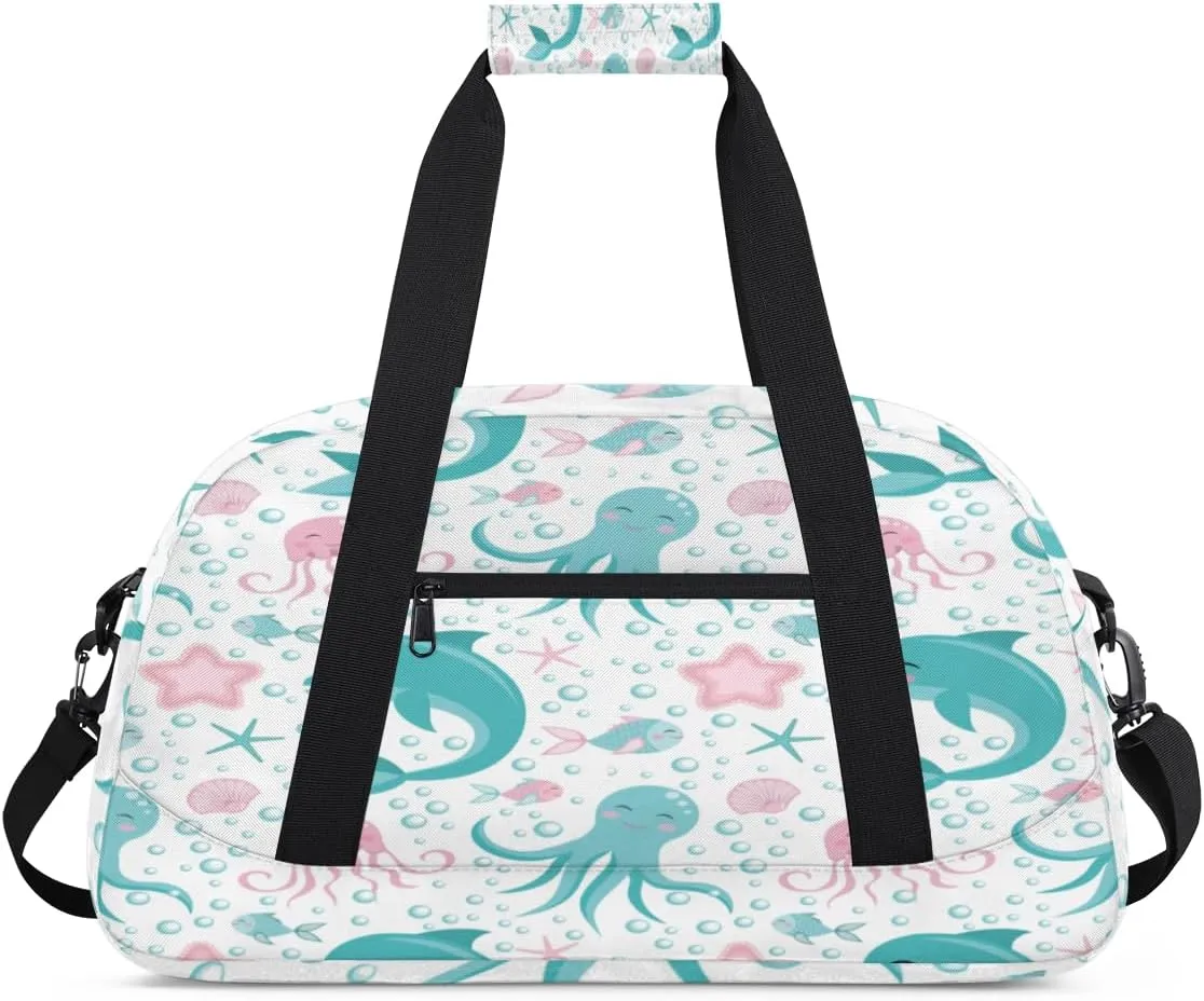 Cute Octopuses Dolphin Jellyfish Shell Fish Starfish Kids Overnighted Duffel Bag Carry-On Size & Ideal for School Practice or Weekender Travel with Zip and Shoulder Stra for Boys & Girls