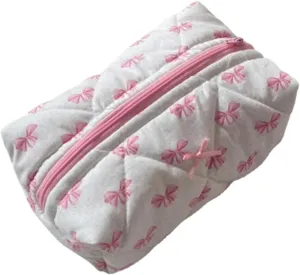 Cute Quilted Bow Y2k Makeup Bag Coquette Small Pouch Preppy Floral Heart Cosmetic Bag Toiletry Organizer Bag (Color03)