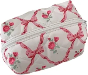 Cute Quilted Bow Y2k Makeup Bag Coquette Small Pouch Preppy Floral Heart Cosmetic Bag Toiletry Organizer Bag (Color05)