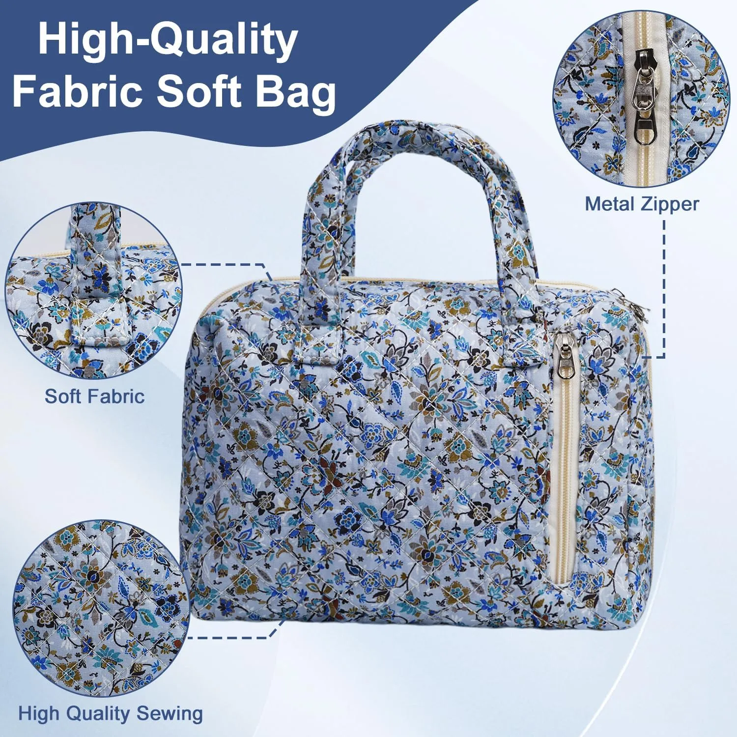 Cute Quilted Floral Makeup Bag(2Pcs)，Coquette Aesthetic Cosmetic Bag，Travel Toiletry Bags， Kawaii Aesthetic pouch for Women (14-BlueVine)