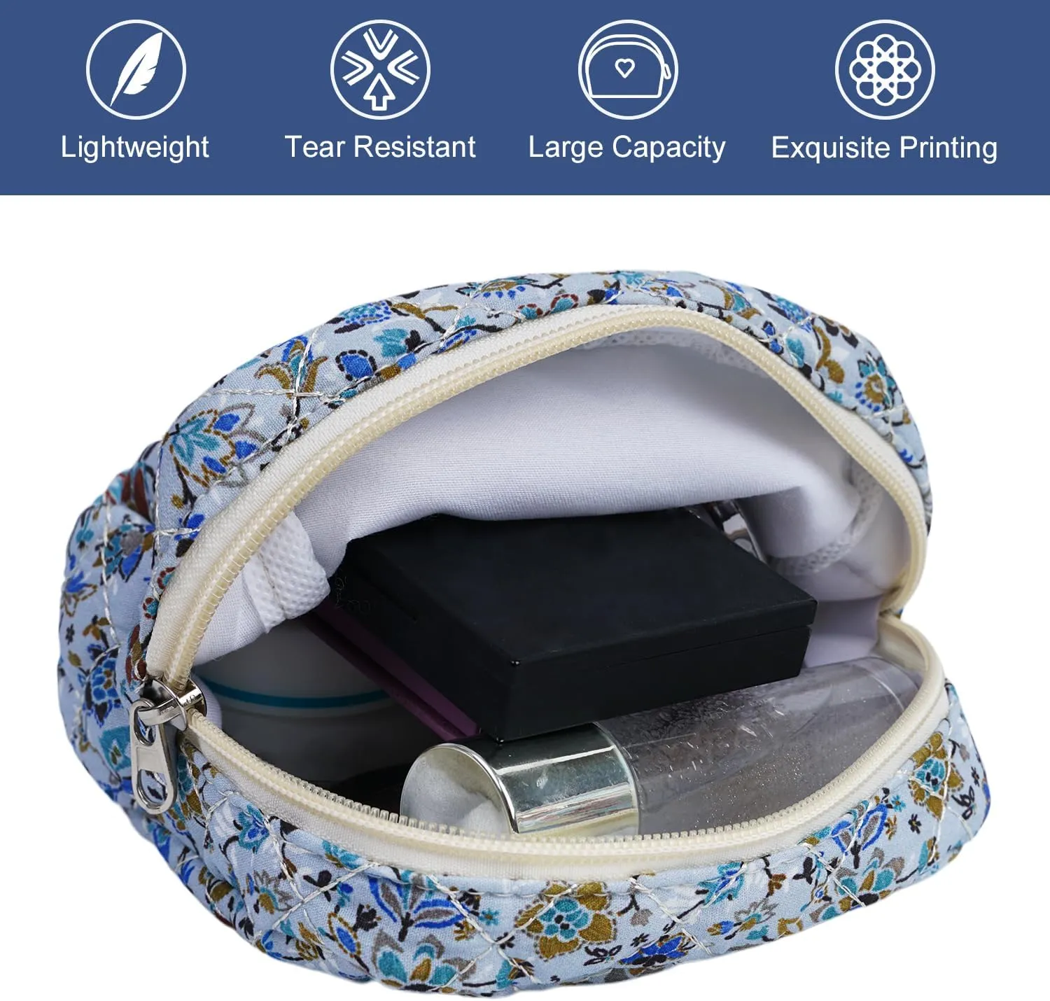 Cute Quilted Floral Makeup Bag(2Pcs)，Coquette Aesthetic Cosmetic Bag，Travel Toiletry Bags， Kawaii Aesthetic pouch for Women (14-BlueVine)