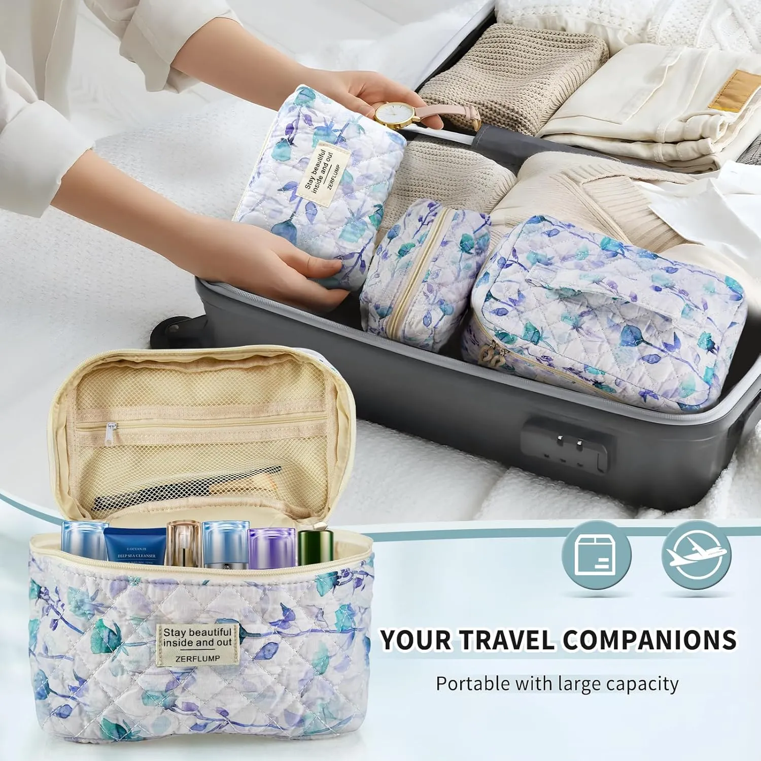 Cute Quilted Floral Makeup Bag(3Pcs)，Coquette Aesthetic Cosmetic Bag，Travel Toiletry Bags， Kawaii Aesthetic pouch for Women (2 - Long Branch Flower)