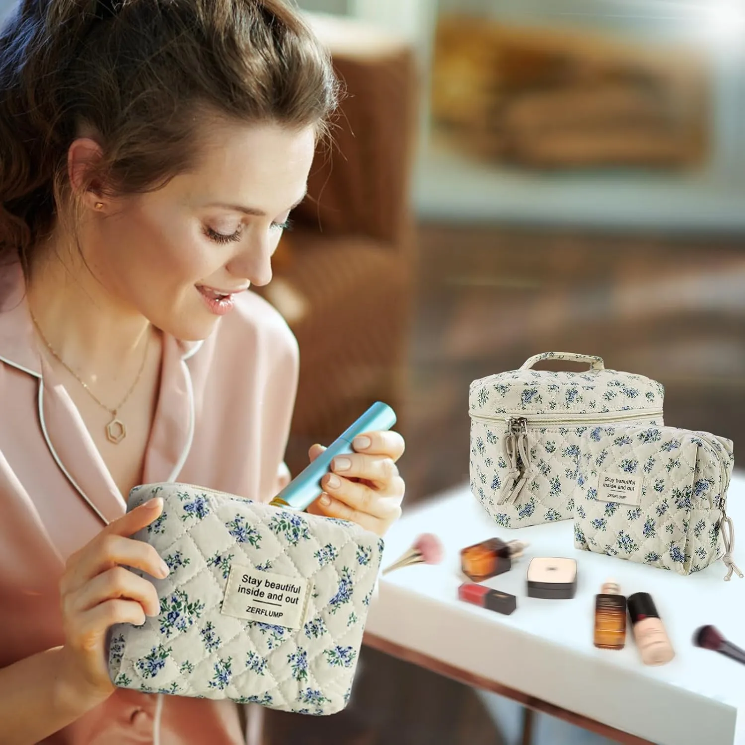 Cute Quilted Floral Makeup Bag(3Pcs)，Coquette Aesthetic Cosmetic Bag，Travel Toiletry Bags， Kawaii Aesthetic pouch for Women (4 - Little Blue Flower)