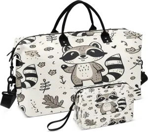 Cute Raccoon Grey Travel Duffel Bags with Toiletry Bag for Travel Gym Yoga Weekender Bag