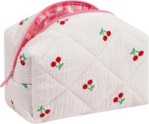 Cute Small Floral Cotton Makeup Bag, Quilted Zipper Pouch with Coquette Bear for Women and Girls, Kawaii Travel Cosmetic Bags for Purse(03White Cherry)