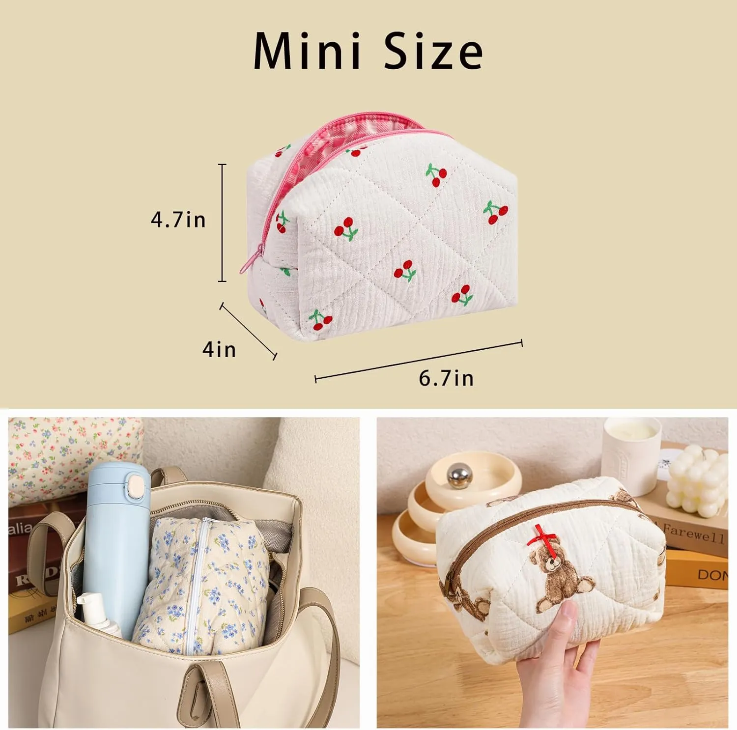 Cute Small Floral Cotton Makeup Bag, Quilted Zipper Pouch with Coquette Bear for Women and Girls, Kawaii Travel Cosmetic Bags for Purse(03White Cherry)