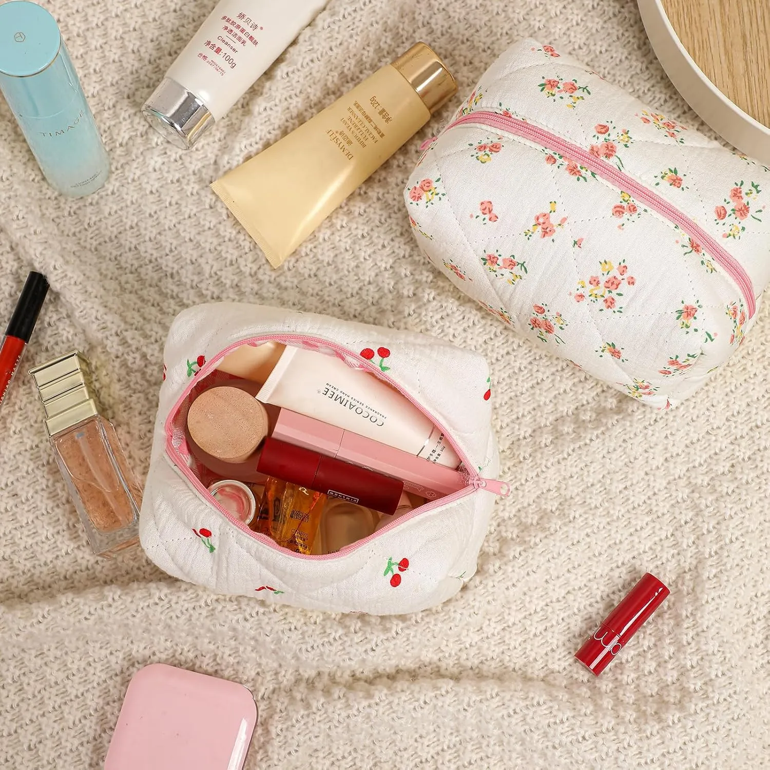 Cute Small Floral Cotton Makeup Bag, Quilted Zipper Pouch with Coquette Bear for Women and Girls, Kawaii Travel Cosmetic Bags for Purse(03White Cherry)