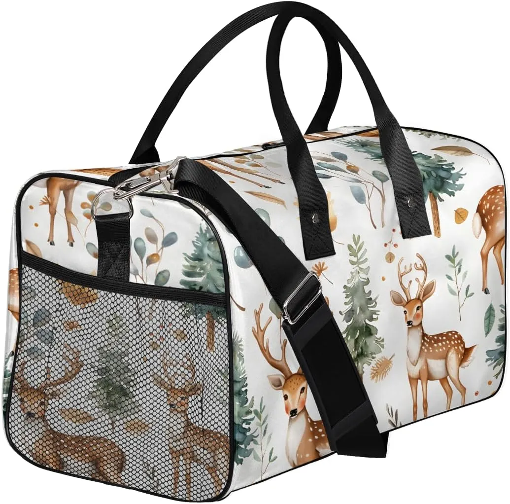 Cute Wild Deer Travel Duffle Bag for Women Men Foldable Waterproof Weekender Bag Carry on Tote for Overnight Sports Gym Eucalyptus Leaf