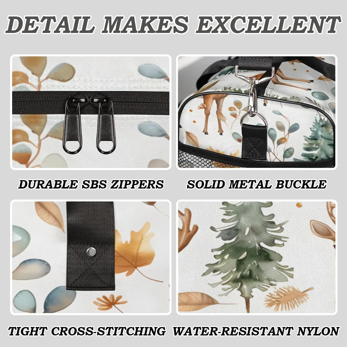 Cute Wild Deer Travel Duffle Bag for Women Men Foldable Waterproof Weekender Bag Carry on Tote for Overnight Sports Gym Eucalyptus Leaf