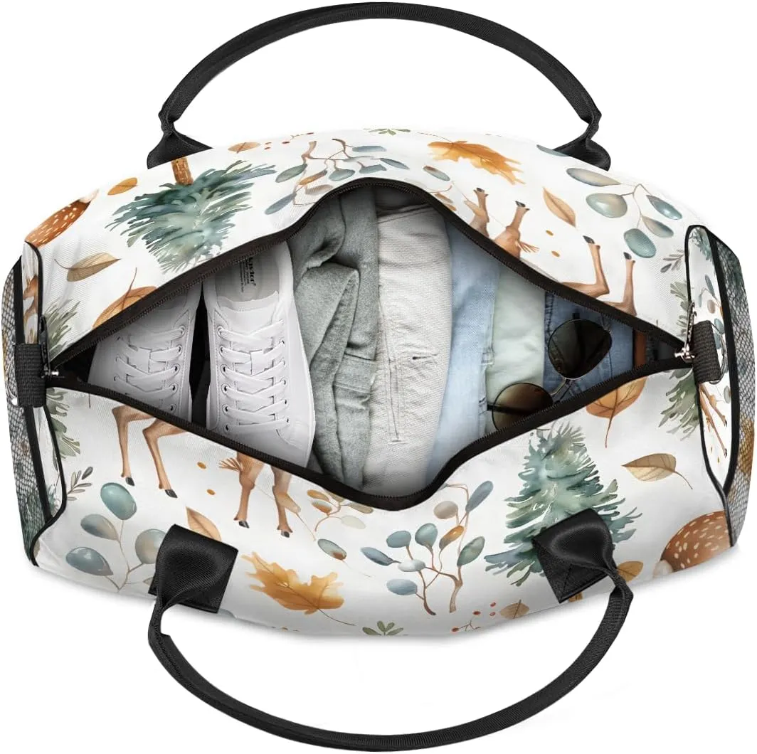 Cute Wild Deer Travel Duffle Bag for Women Men Foldable Waterproof Weekender Bag Carry on Tote for Overnight Sports Gym Eucalyptus Leaf