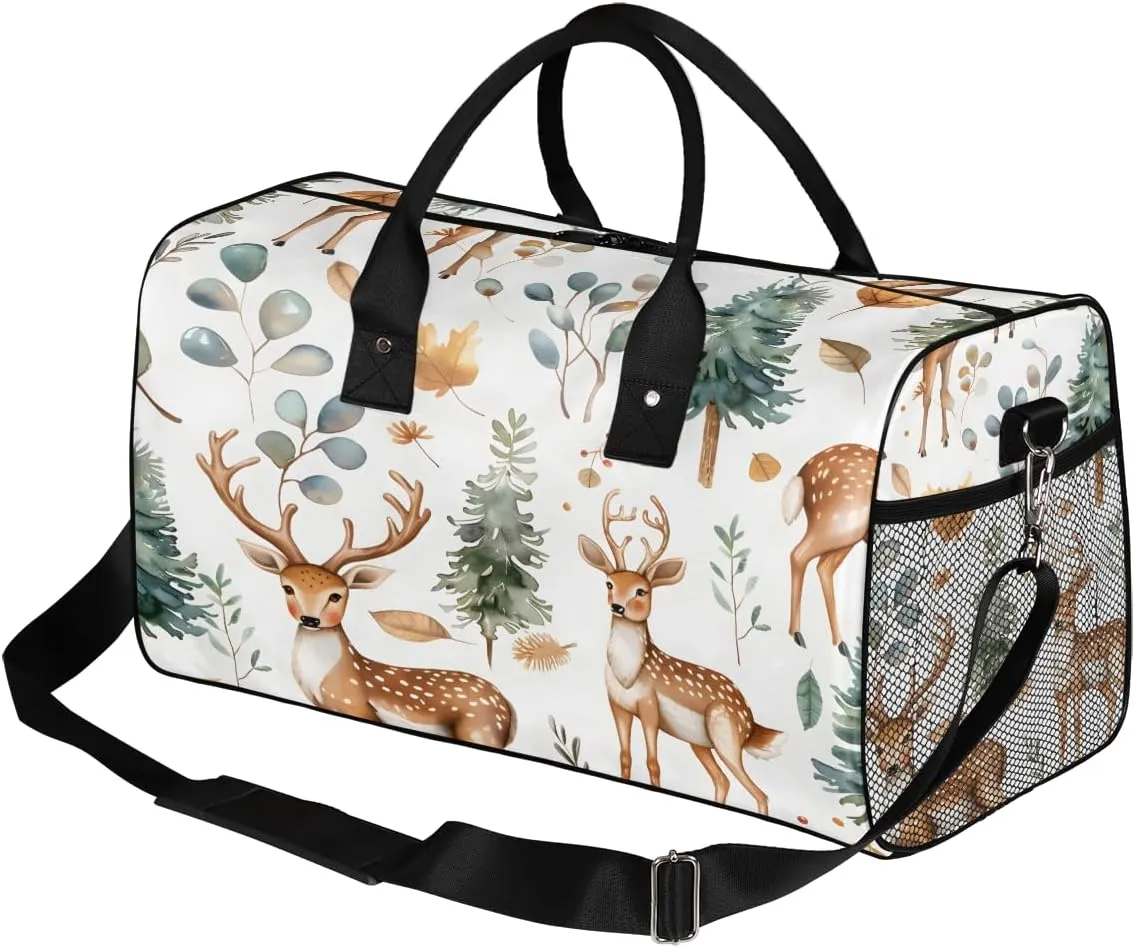 Cute Wild Deer Travel Duffle Bag for Women Men Foldable Waterproof Weekender Bag Carry on Tote for Overnight Sports Gym Eucalyptus Leaf