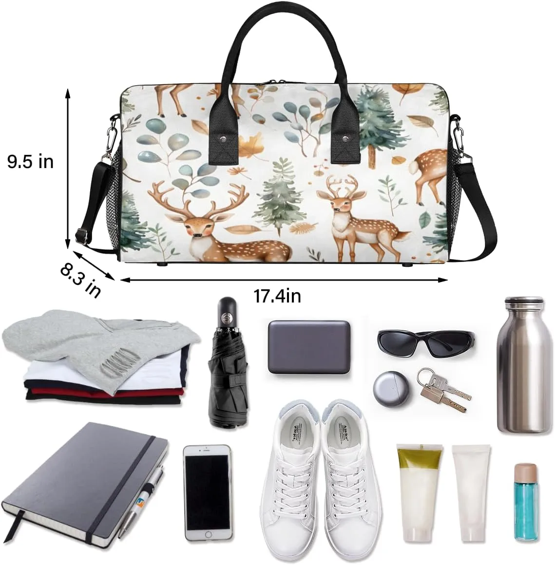 Cute Wild Deer Travel Duffle Bag for Women Men Foldable Waterproof Weekender Bag Carry on Tote for Overnight Sports Gym Eucalyptus Leaf