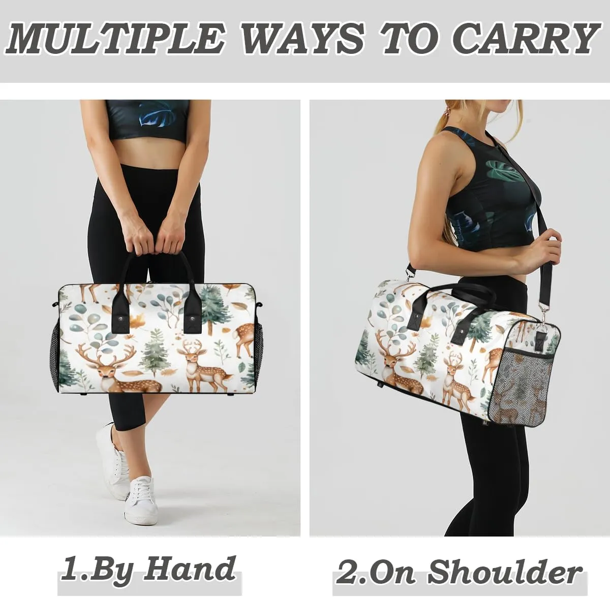 Cute Wild Deer Travel Duffle Bag for Women Men Foldable Waterproof Weekender Bag Carry on Tote for Overnight Sports Gym Eucalyptus Leaf