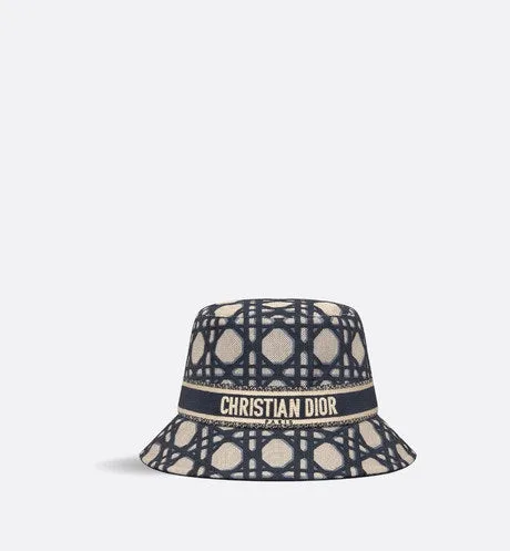 D-Bobby Macrocannage Small Brim Bucket Hat • Beige and Blue Macrocannage Embroidery