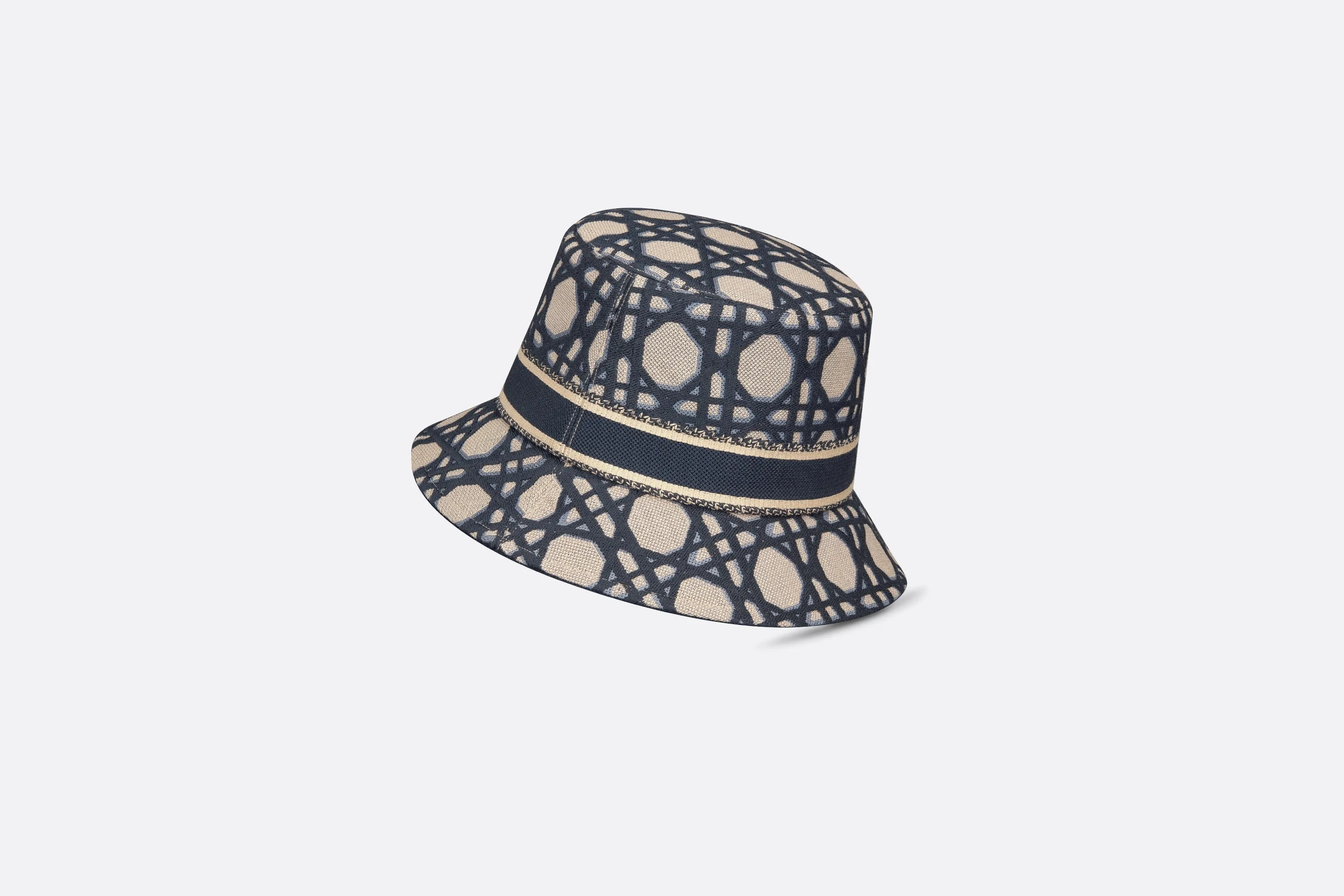 D-Bobby Macrocannage Small Brim Bucket Hat • Beige and Blue Macrocannage Embroidery