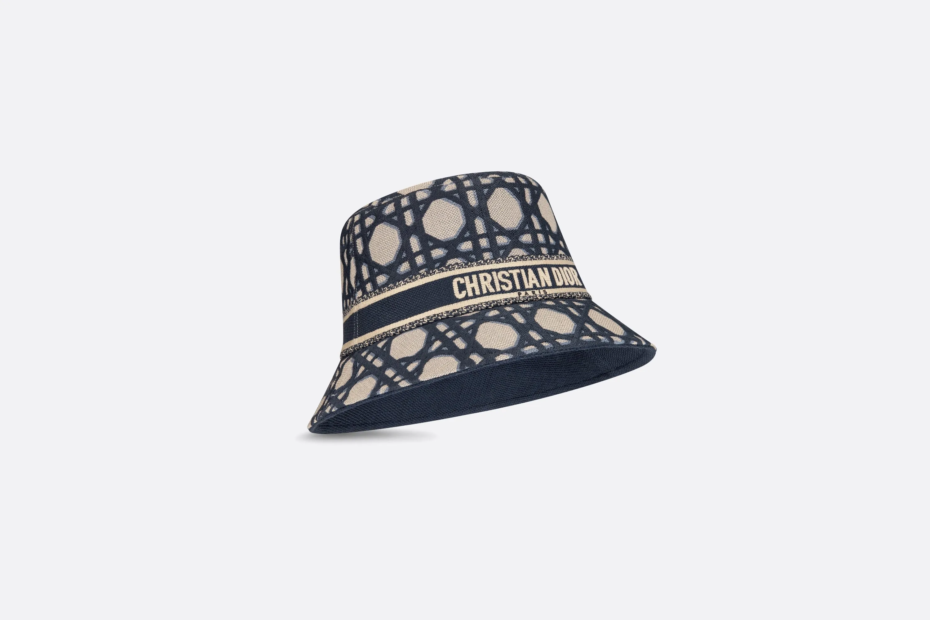 D-Bobby Macrocannage Small Brim Bucket Hat • Beige and Blue Macrocannage Embroidery