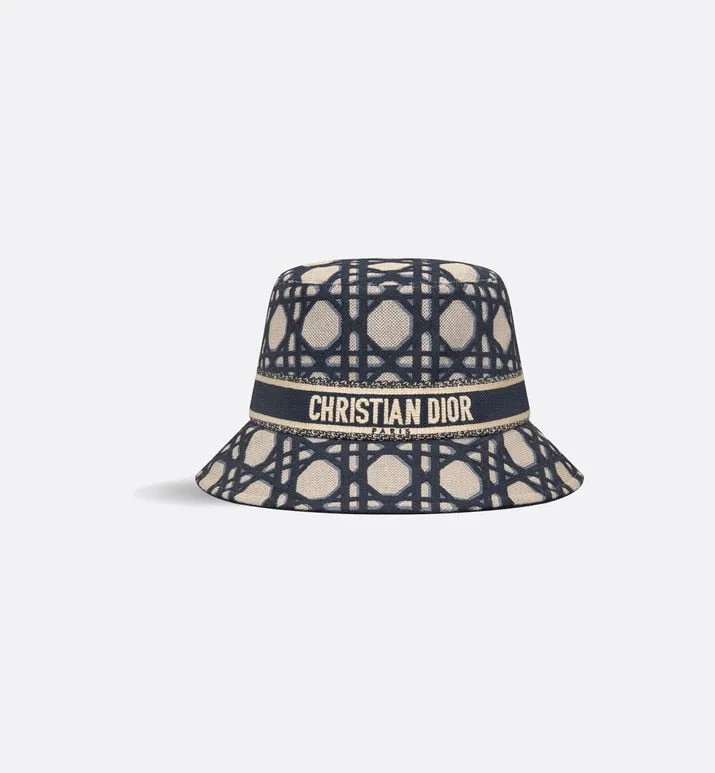 D-Bobby Macrocannage Small Brim Bucket Hat • Beige and Blue Macrocannage Embroidery