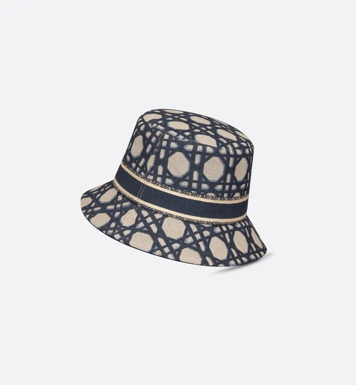 D-Bobby Macrocannage Small Brim Bucket Hat • Beige and Blue Macrocannage Embroidery
