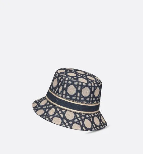 D-Bobby Macrocannage Small Brim Bucket Hat • Beige and Blue Macrocannage Embroidery