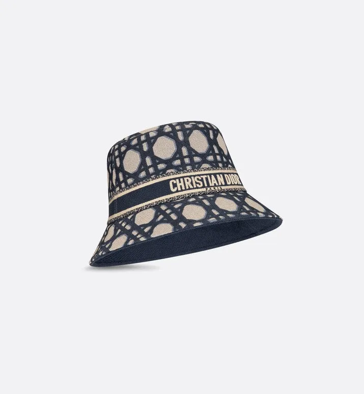 D-Bobby Macrocannage Small Brim Bucket Hat • Beige and Blue Macrocannage Embroidery
