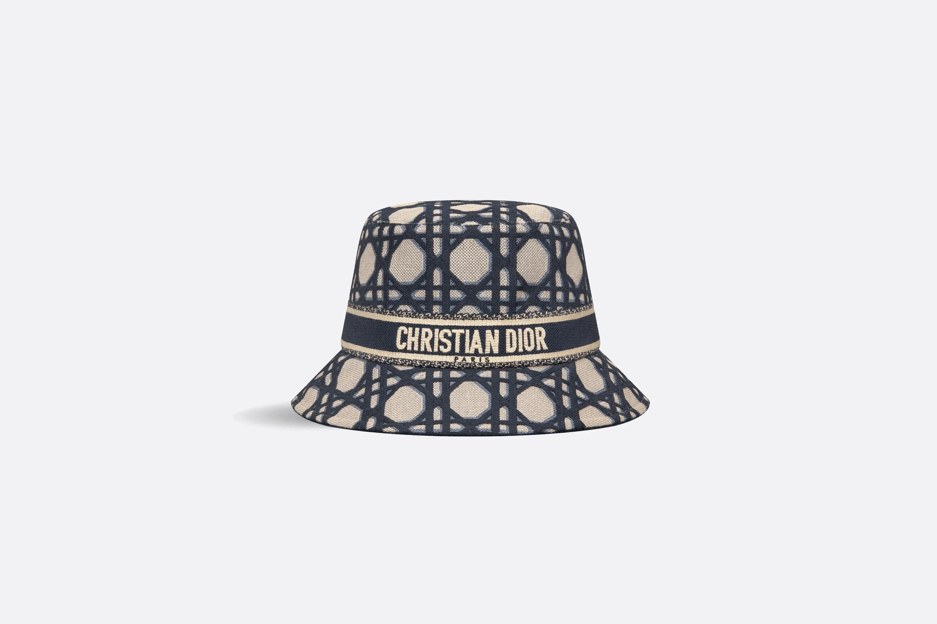 D-Bobby Macrocannage Small Brim Bucket Hat • Beige and Blue Macrocannage Embroidery
