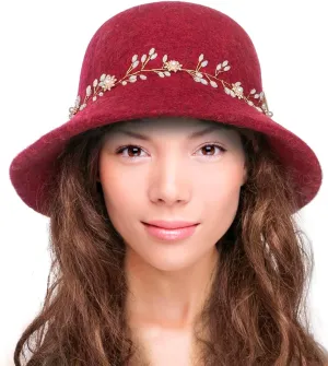 Dahlia Women's Winter Hat - Wool Vintage Cloche/Bucket Hat, Daisy Flower