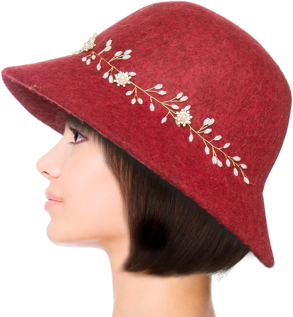 Dahlia Women's Winter Hat - Wool Vintage Cloche/Bucket Hat, Daisy Flower