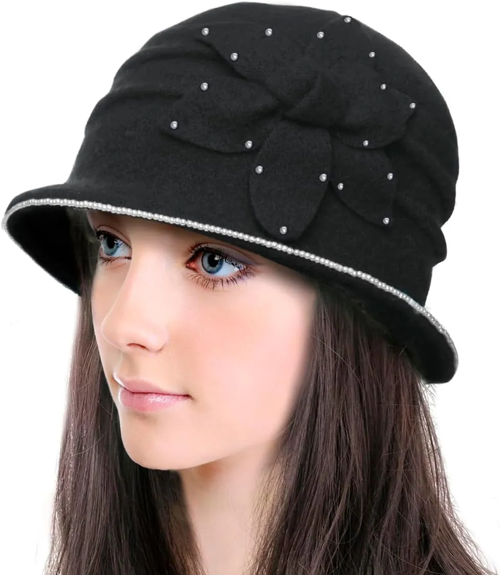 Dahlia Women's Winter Hat - Wool Vintage Cloche/Bucket Hat, Daisy Flower