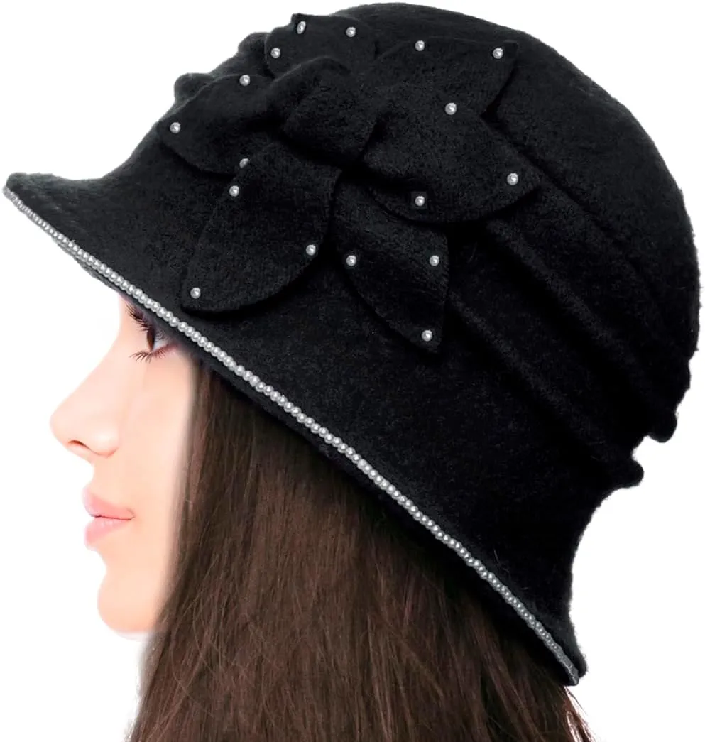 Dahlia Women's Winter Hat - Wool Vintage Cloche/Bucket Hat, Daisy Flower
