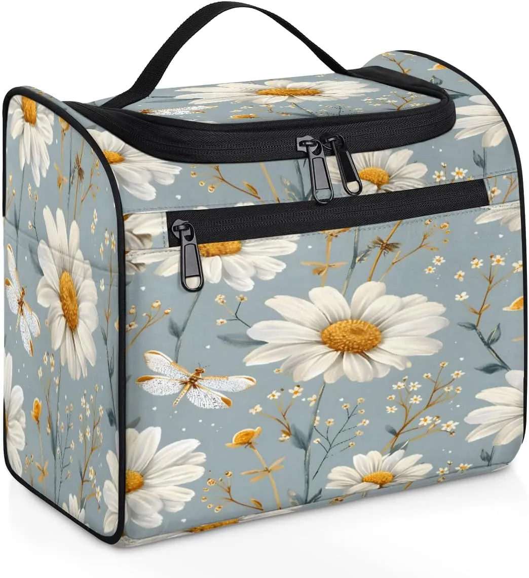 Daisy Floral Travel Toiletry Bag for Men and Women, Large Hanging Makeup Bag Organizer Toiletries Bag for Travel, Cosmetic Bag with Handle