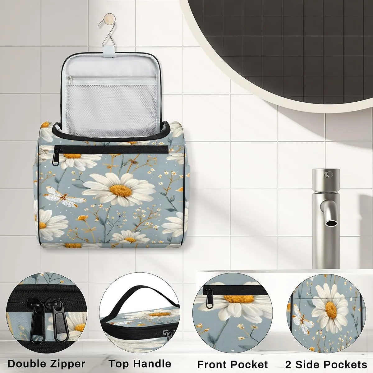 Daisy Floral Travel Toiletry Bag for Men and Women, Large Hanging Makeup Bag Organizer Toiletries Bag for Travel, Cosmetic Bag with Handle