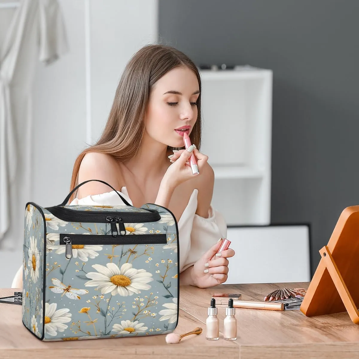 Daisy Floral Travel Toiletry Bag for Men and Women, Large Hanging Makeup Bag Organizer Toiletries Bag for Travel, Cosmetic Bag with Handle