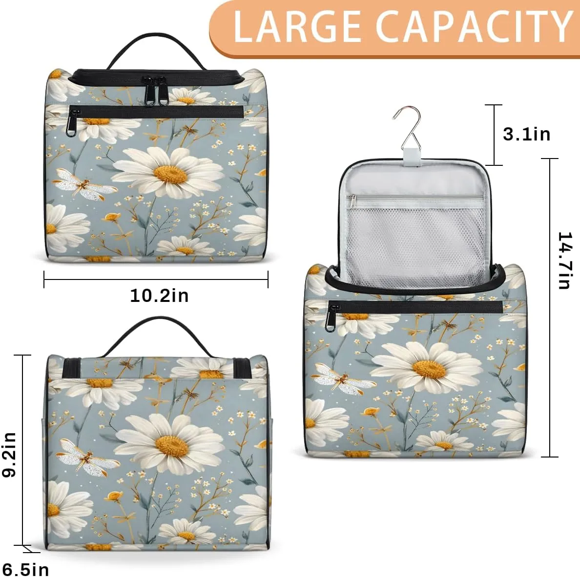Daisy Floral Travel Toiletry Bag for Men and Women, Large Hanging Makeup Bag Organizer Toiletries Bag for Travel, Cosmetic Bag with Handle