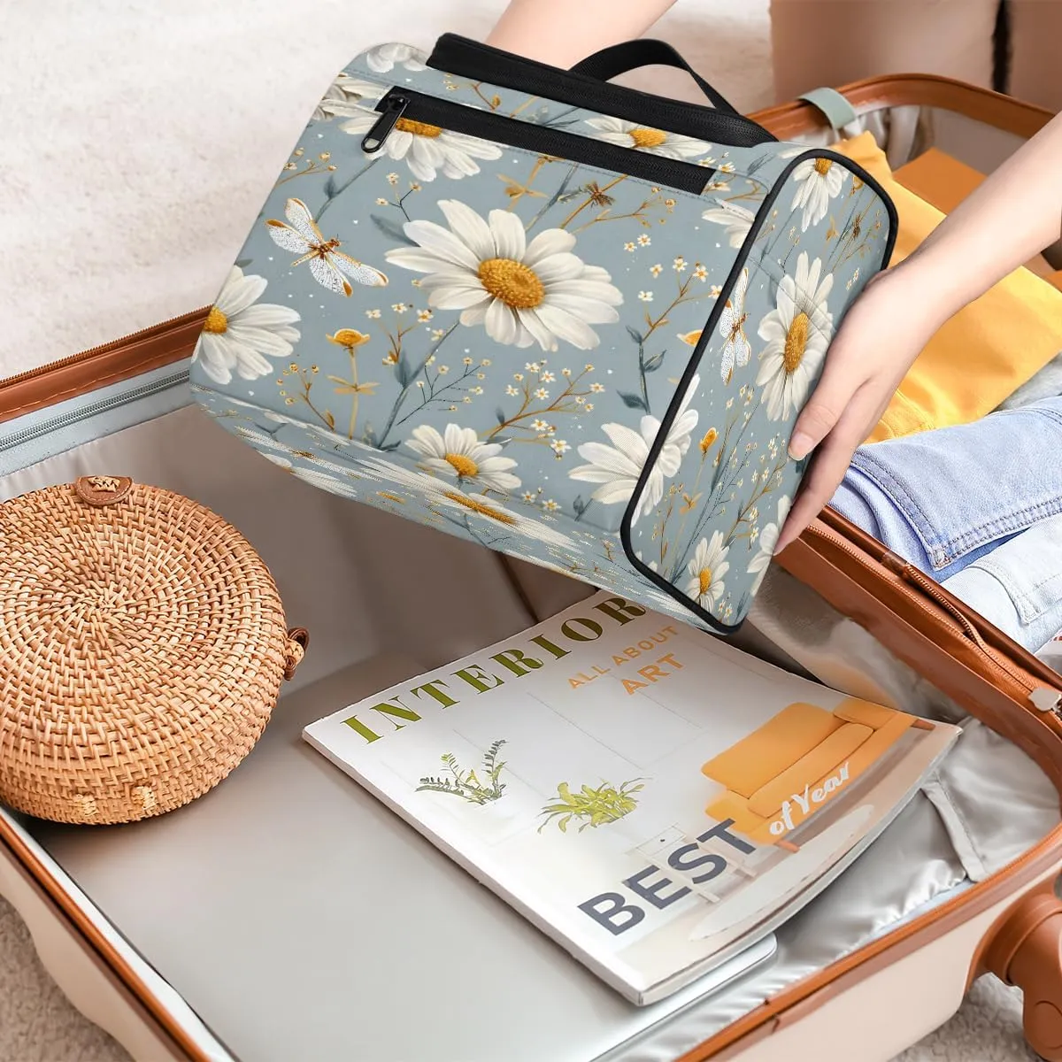 Daisy Floral Travel Toiletry Bag for Men and Women, Large Hanging Makeup Bag Organizer Toiletries Bag for Travel, Cosmetic Bag with Handle