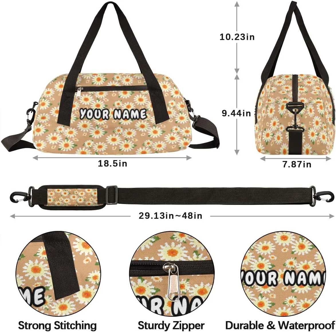 Daisy Flower Floral Personalized Kids Duffel Bag for Girls Boys, Daisy Debris Custom Dance Bag Overnight Small Duffel Bag Carry On Weekend Sports Travel Bag for School Practice Gymnastics Ballet