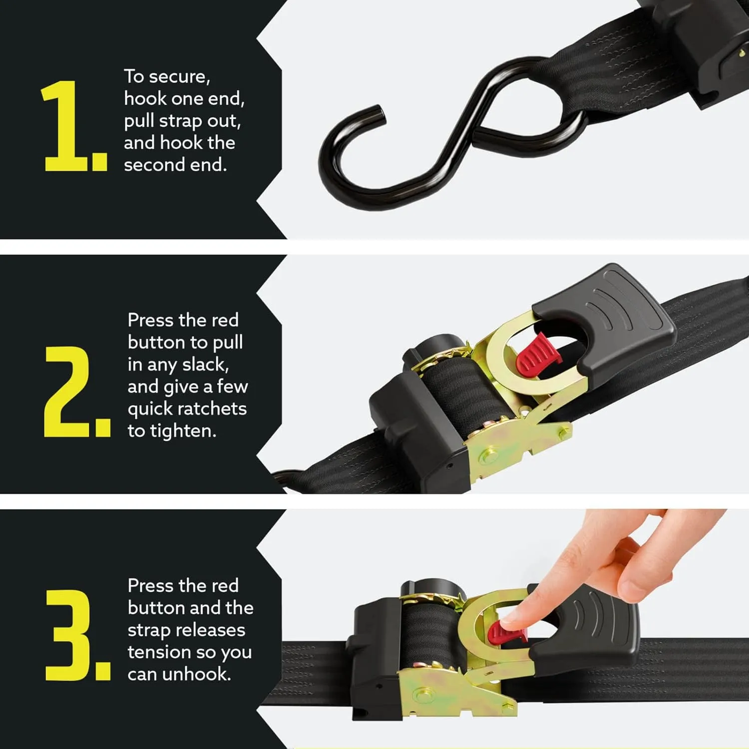 DC Cargo Mall Retractable Ratchet Strap, 2 Pack (2 inch x 10 feet)-Heavy Duty Tie Down Auto Retractable Ratchet Straps - Easy Self Contained Black Ratchet Strap Tie Downs for Trailers, Vehicles, Boat