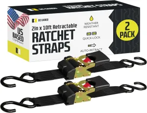 DC Cargo Mall Retractable Ratchet Strap, 2 Pack (2 inch x 10 feet)-Heavy Duty Tie Down Auto Retractable Ratchet Straps - Easy Self Contained Black Ratchet Strap Tie Downs for Trailers, Vehicles, Boat
