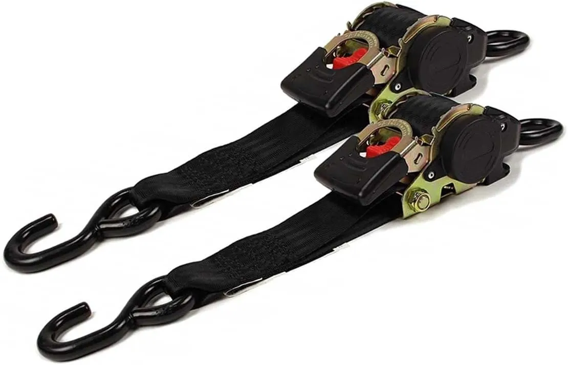 DC Cargo Mall Retractable Ratchet Strap, 2 Pack (2 inch x 10 feet)-Heavy Duty Tie Down Auto Retractable Ratchet Straps - Easy Self Contained Black Ratchet Strap Tie Downs for Trailers, Vehicles, Boat