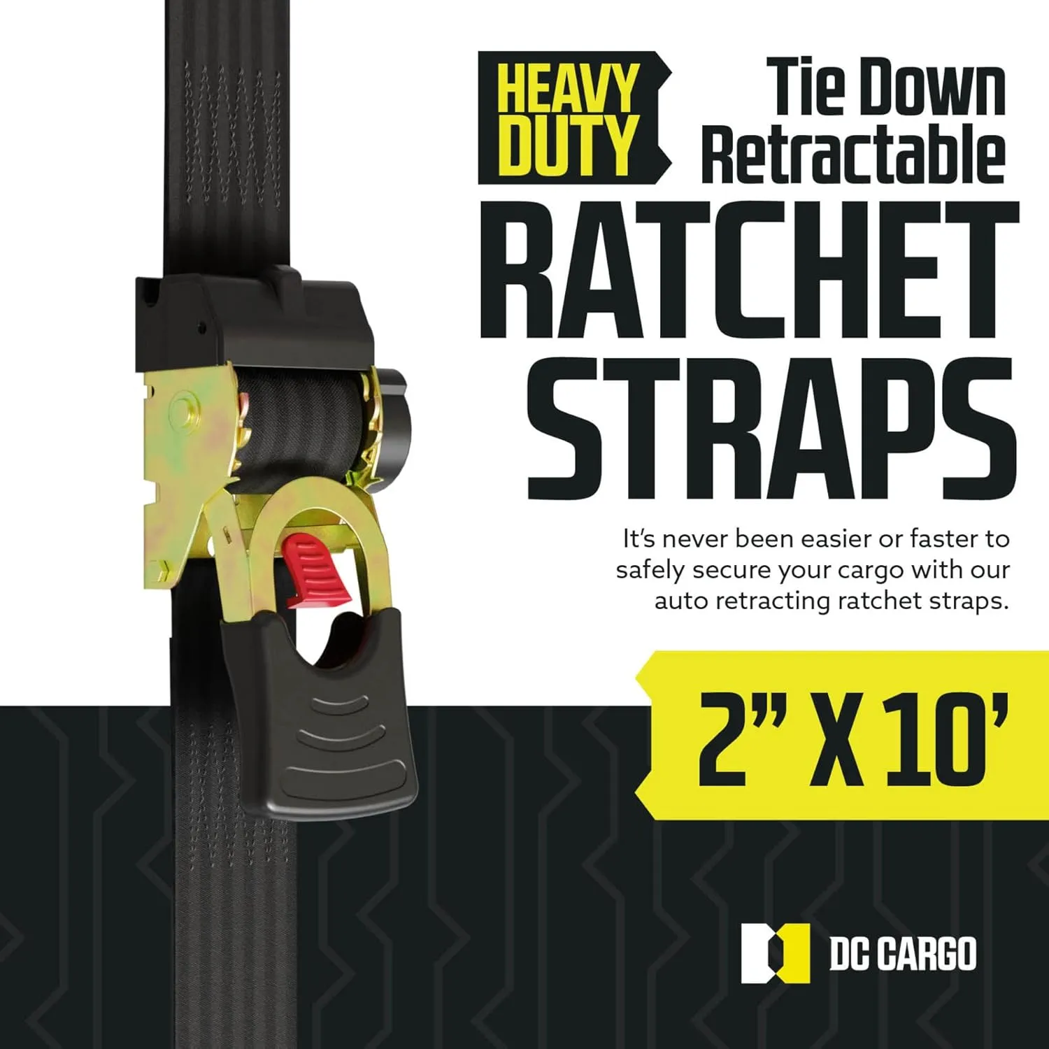 DC Cargo Mall Retractable Ratchet Strap, 2 Pack (2 inch x 10 feet)-Heavy Duty Tie Down Auto Retractable Ratchet Straps - Easy Self Contained Black Ratchet Strap Tie Downs for Trailers, Vehicles, Boat