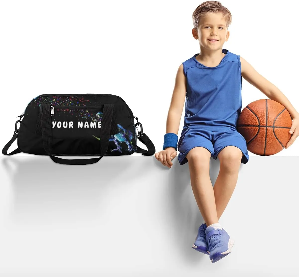 Dinosaur Space Personalized Kids Duffel Bag for Girls Boys, Dinosaur Debris Custom Dance Bag Overnight Small Duffel Bag Carry On Weekend Sports Travel Bag for School Practice Gymnastics Ballet